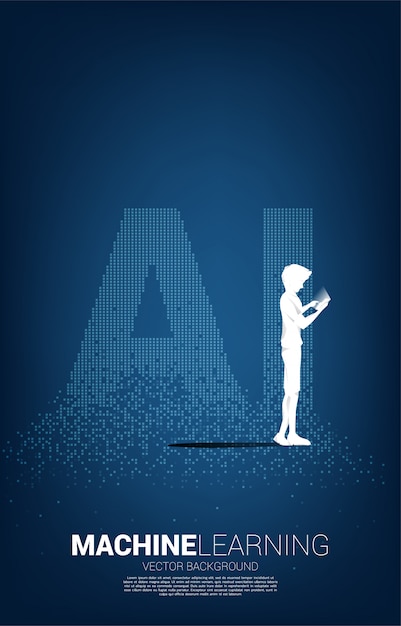 silhouette of man and woman use mobile phone with ai wording from pixel transform. concept of machine learning and artificial intelligence technology