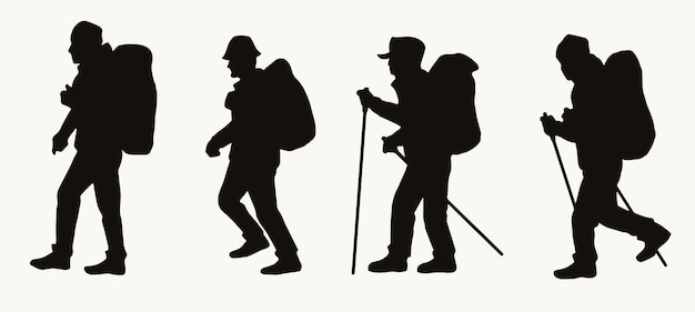 silhouettes of male hikers with backpacks in vintage style isolated