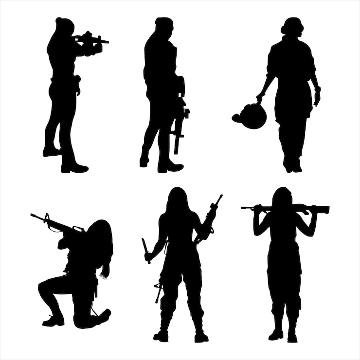 Vektor silhouettes of soldiers in various combat and training positions