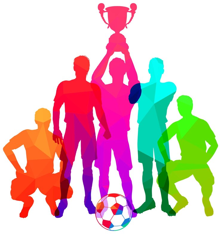 Vektor siluety fotbalistů s míčem, tým fotbalových šampionů v dekorativním trojúhelníkovém mozaikovém vzoru. fotbalisté pózují s trofejí. izolovaná vektorová ilustrace