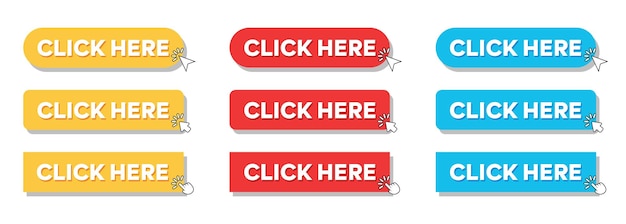 Simple Click Here Web Button Set with hand pointer or arrow pointer modern minimal style vector