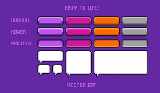 Simple game ui button chat box in pixel art cute colorful vibrant style purple background