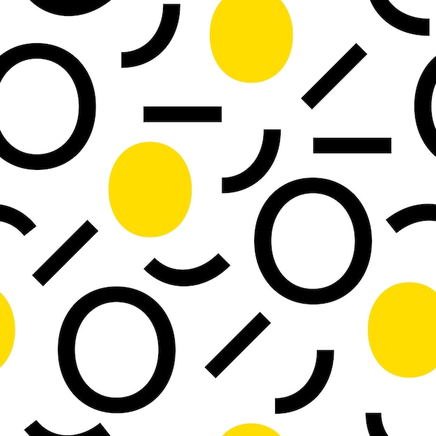 simple seamless vector pattern of yellow and black geometric shapes dots circles lines