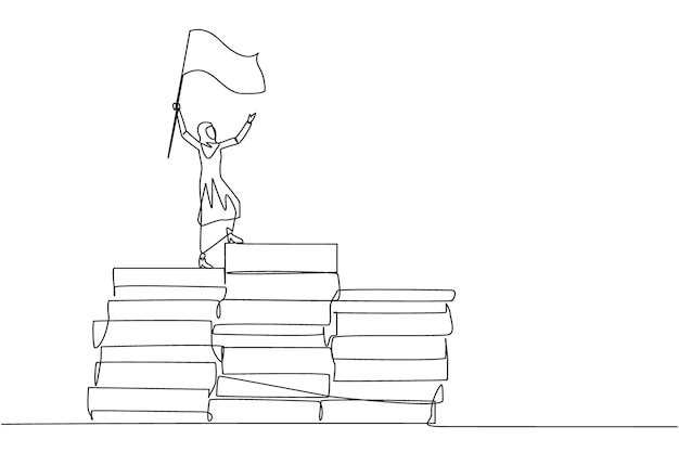 single continuous line drawing arab businesswoman standing on piles of paper document raising a flag