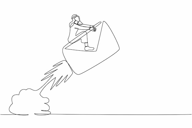 single continuous line drawing arabian businessman riding paper envelope rocket flying in the sky