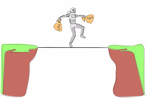 Single continuous line drawing astronaut walks over cliff gap mountain carrying two money bag