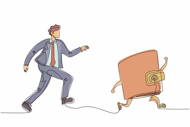 Single continuous line drawing businessman chasing wallet trying to catch it return his money