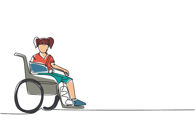 Single continuous line drawing little girl with a leg in plaster Injured kid sitting in wheelchair