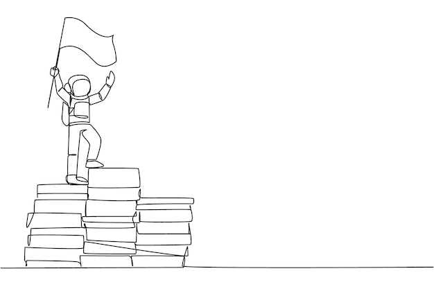 single continuous line drawing of astronaut stands on a giant pile of papers holding fluttering flag