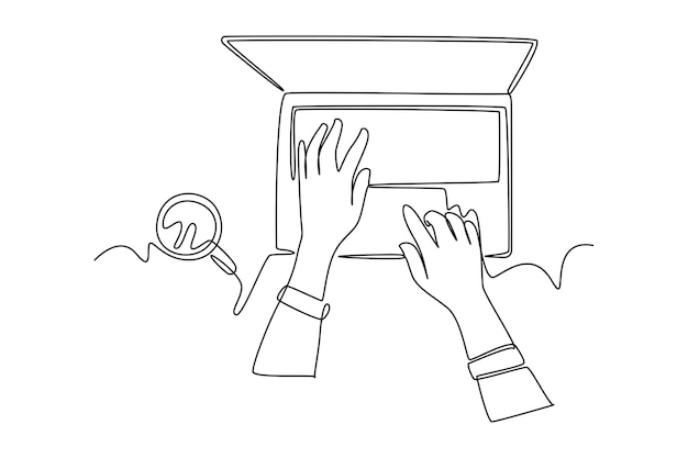 Single continuous line drawing of womans hands typing on a laptop with a cup of coffee beside her Happy work concept Trendy one line draw design vector illustration