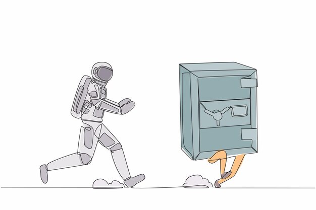 Single continuous line drawing of young astronaut run chasing safe deposit box on moon surface