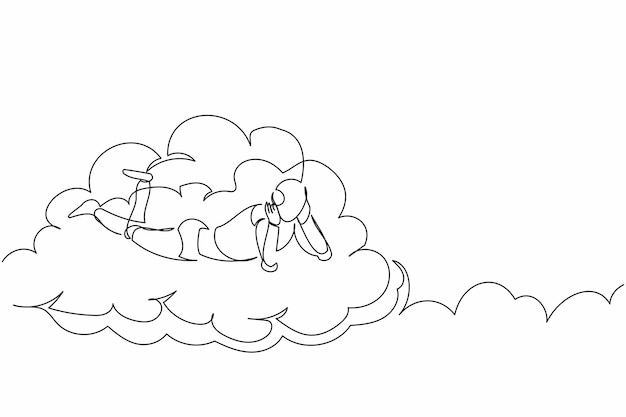 Single continuous line drawing robot lay on clouds Relaxes and resting cyber machine design vector