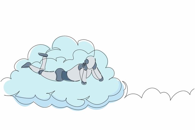 Single continuous line drawing robot lay on clouds Relaxes and resting cyber machine design vector