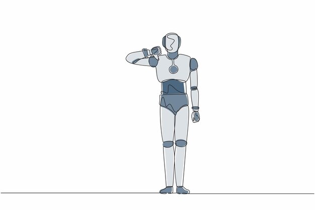 Single continuous line drawing robot showing thumbs down sign gesture Dislike and disagree design