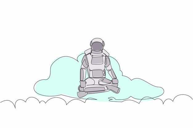 Single continuous line drawing young astronaut meditates and resting in yoga position on clouds