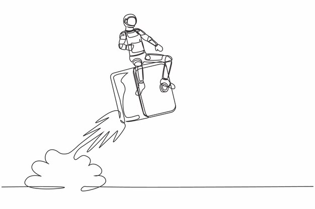 single continuous line drawing young astronaut riding safe deposit box rocket flying in moon surface