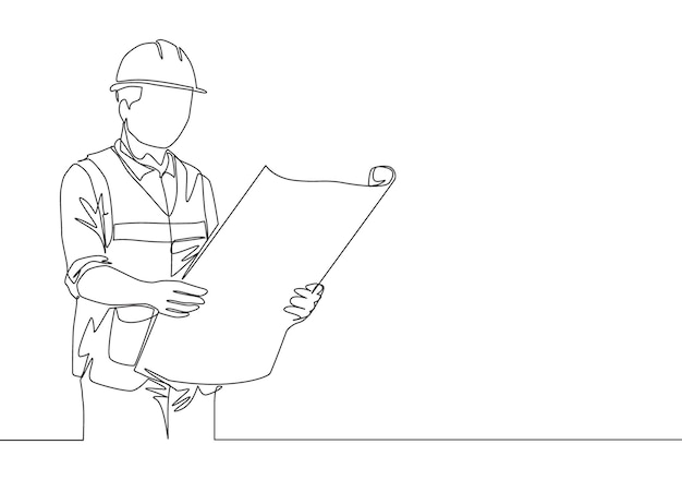 single line drawing of young attractive architect checking sketch building architecture blueprint
