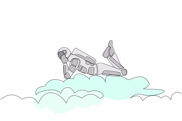 Single one line drawing astronaut lying on clouds Relaxes and resting after interstellar expedition