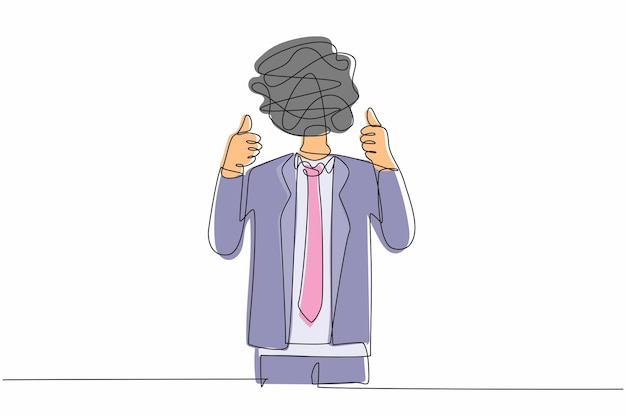 Single one line drawing businessman with round scribbles instead of a head showing thumb up vector