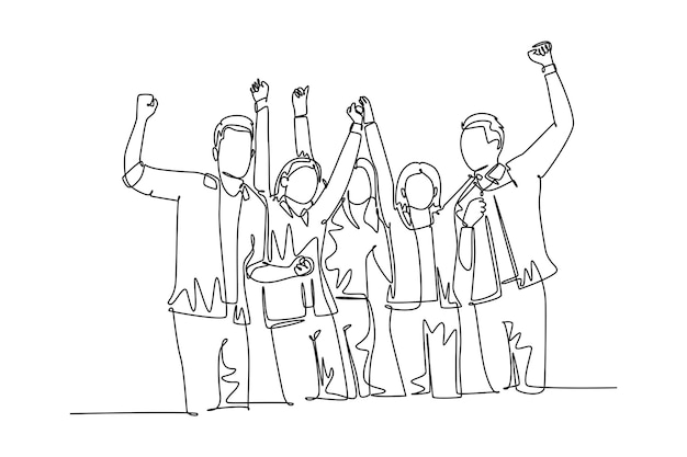 single one line drawing group of young happy ceo and his colleagues celebrating their success achieving the company business target team work goal continuous line design graphic vector illustration