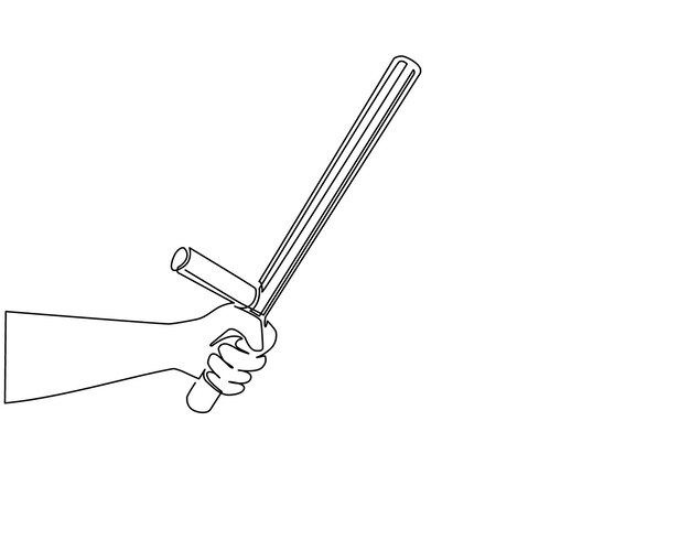 Single one line drawing hand holding police bat Policeman ammunition security rubber baton