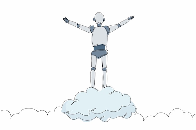 Single one line drawing robot on top of cloud with raised hand Future technology development