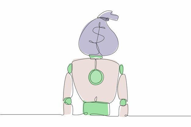 single one line drawing robot with money bag instead of head future technology development vector