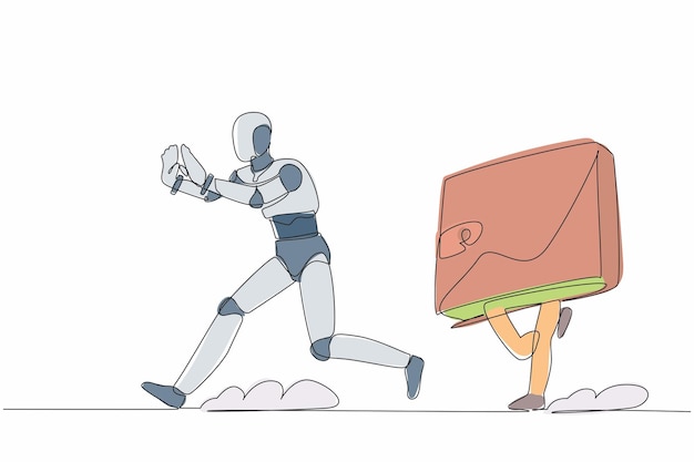 Single one line drawing stressed robot being chased by a wallet Losing money and business profit