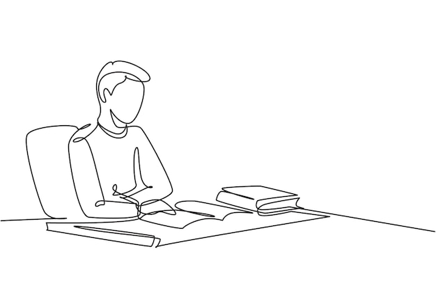 Single one line drawing young man reading learning and sitting on chair design graphic vector