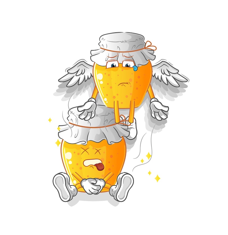Vektor sklenice s medem, duch opouští tělo, maskot. kreslený vektor