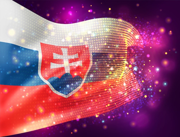 Slovakia, vector 3d flag on pink purple background with lighting and flares