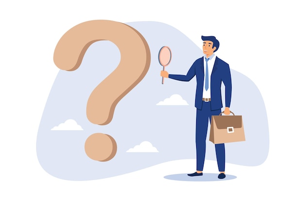smart businessman analyst using magnifying glass to analyze question mark sign