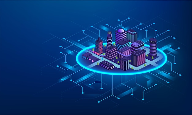 Smart city technology concept. Futuristic buildings with digital communications, intelligent city management system.