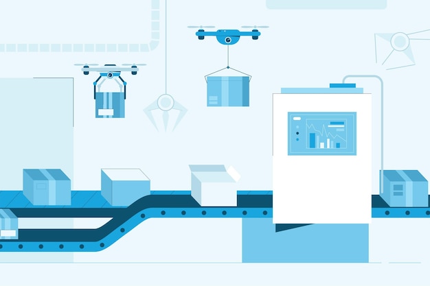 smart factory with conveyor interior design. automatic production line of cardboard boxes. screen with data, quadcopters delivery parcels. robotic modern technology concept. illustration