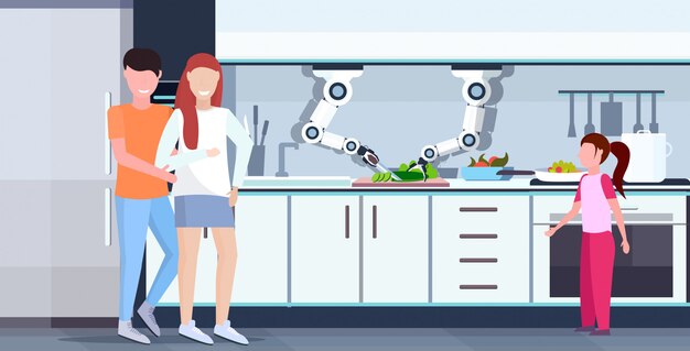 smart handy chef robot cutting cucumber on board robotic assistant innovation technology artificial intelligence concept happy family standing together modern kitchen interior  horizontal