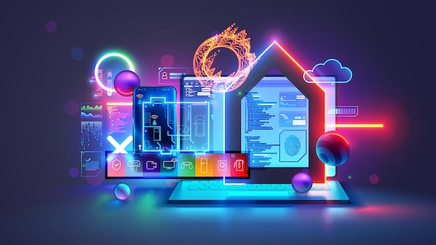 Smart home IOT phone application setting Programming scenarios for operation of smart home system Smart home system development Engineering coding on laptop of IOT devices in network Smart Home