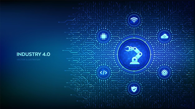 Smart Industry 40 Robotic hand Factory automation Circuit board connections and Industry icons