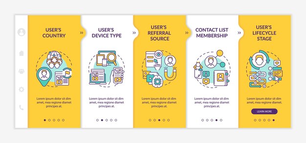 smart rules criteria onboarding vector template. responsive mobile website with icons. web page walkthrough 5 step screens. digital marketing color concept with linear illustrations