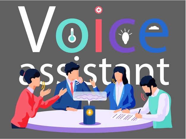 Smart speaker with virtual assistant concept sound robot people sitting near speaker using modern digital device make sound record at meeting Voice control contactless mobile device with microphone