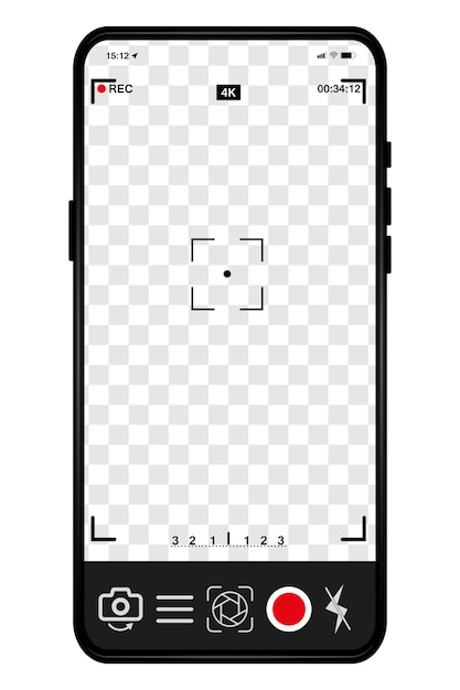 Smartphone camera interface Video and photo recording of mobile applications application for displaying the phone on the screen viewfinder on black screen interface buttons Vector illustration