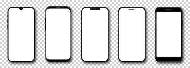 Smartphone mockup set 3d Mobile phoe models Front view Phones with white screen and shadow on transparent background