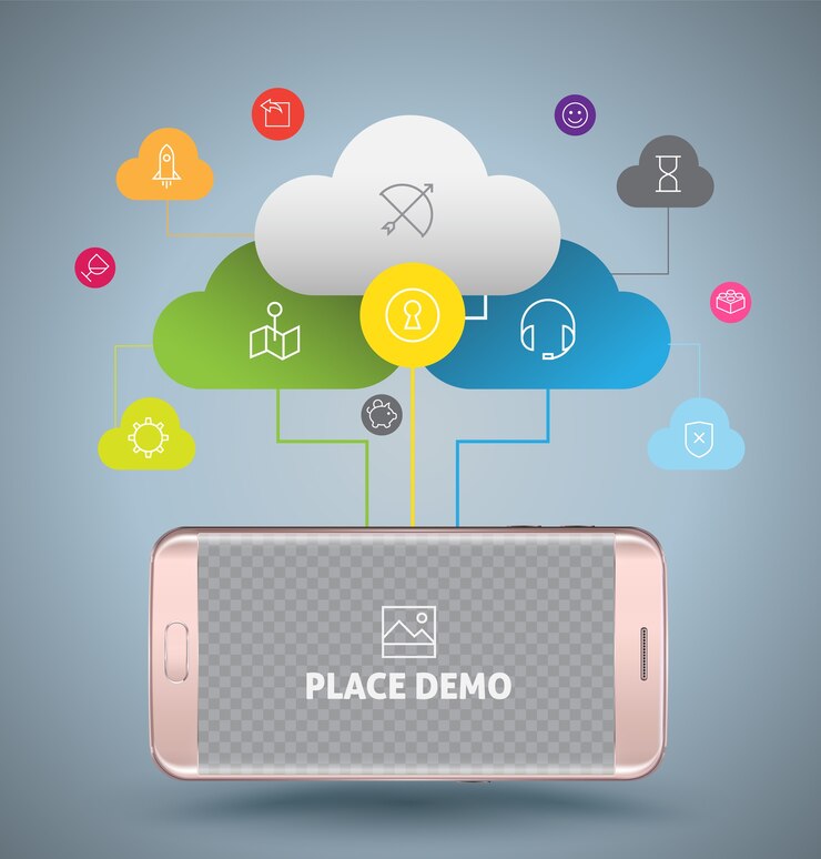 Vektor smartphone s konceptem cloud computingu.