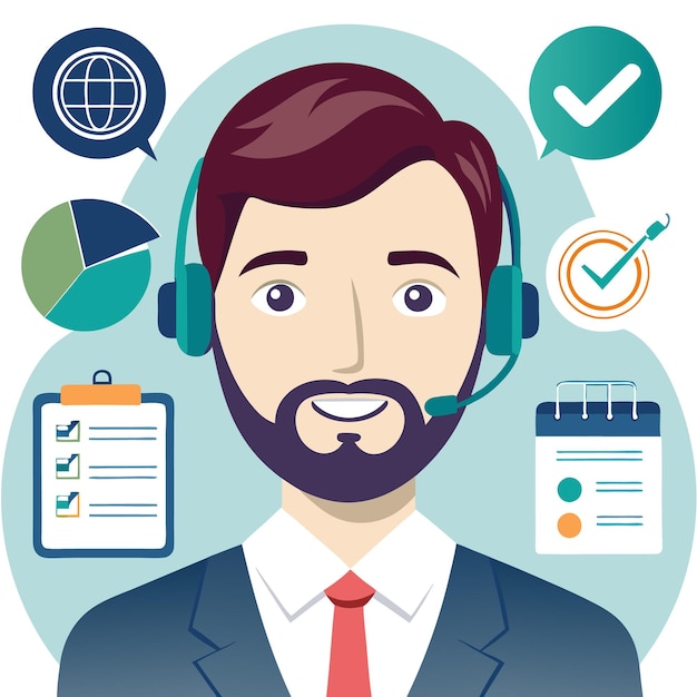 smiling customer service representative with headset checklist calendar and icons