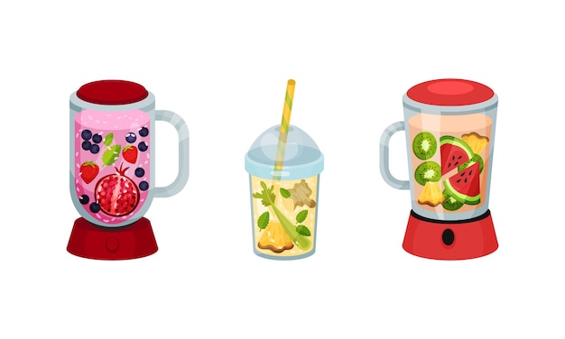 smoothie in blender and glass with straw with different ingredients mixing together vector set