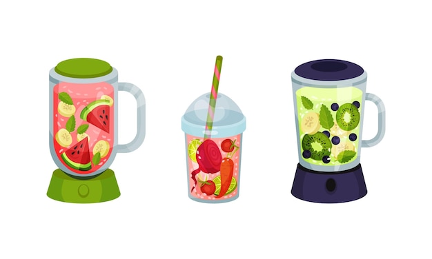 smoothie in blender and glass with straw with different ingredients mixing together vector set
