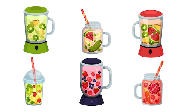 smoothies in blenders and glass jars with different ingredients vector set cocktail bar