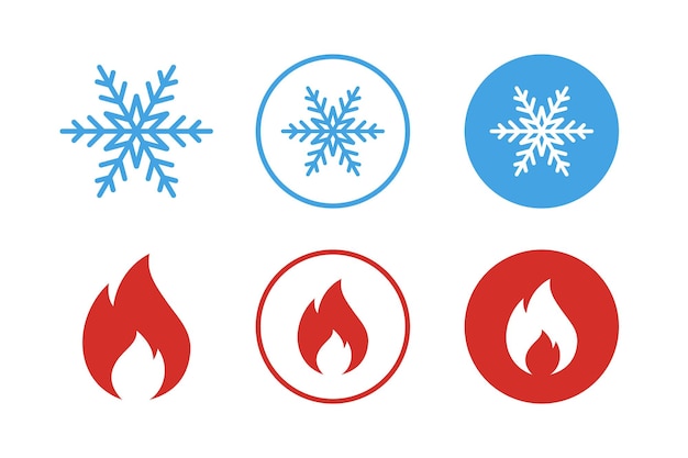Snowflake and fire flame symbols or Hot and cold icon set and Heating and cooling button