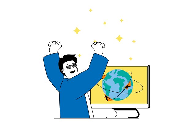 Social media concept with people scene in flat web design Man connecting with online friends and sending emails at around the worlds Vector illustration for social media banner marketing material