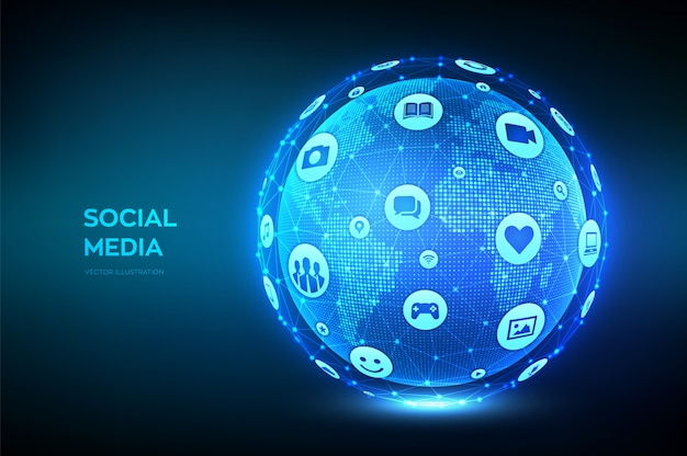 Social media connection concept. Earth planet globe with a different social media and computer icons.