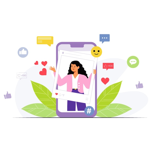 Social Media Engagement Illustration with User Interactions and Emojis